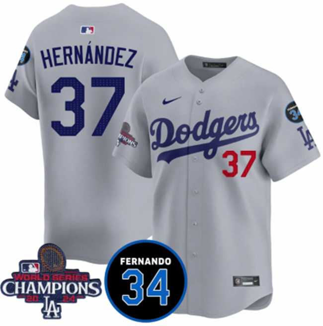 Men%27s Los Angeles Dodgers #37 Teoscar Hernandez Gray 2024 World Series Champions With Fernando Memorial Patch Vapor Premier Limited Stitched Jersey Dzhi